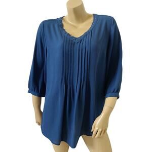 NY Collection Womens Medium Blue Pleated Studded V Neck 3/4 Sleeve Tunic Blouse